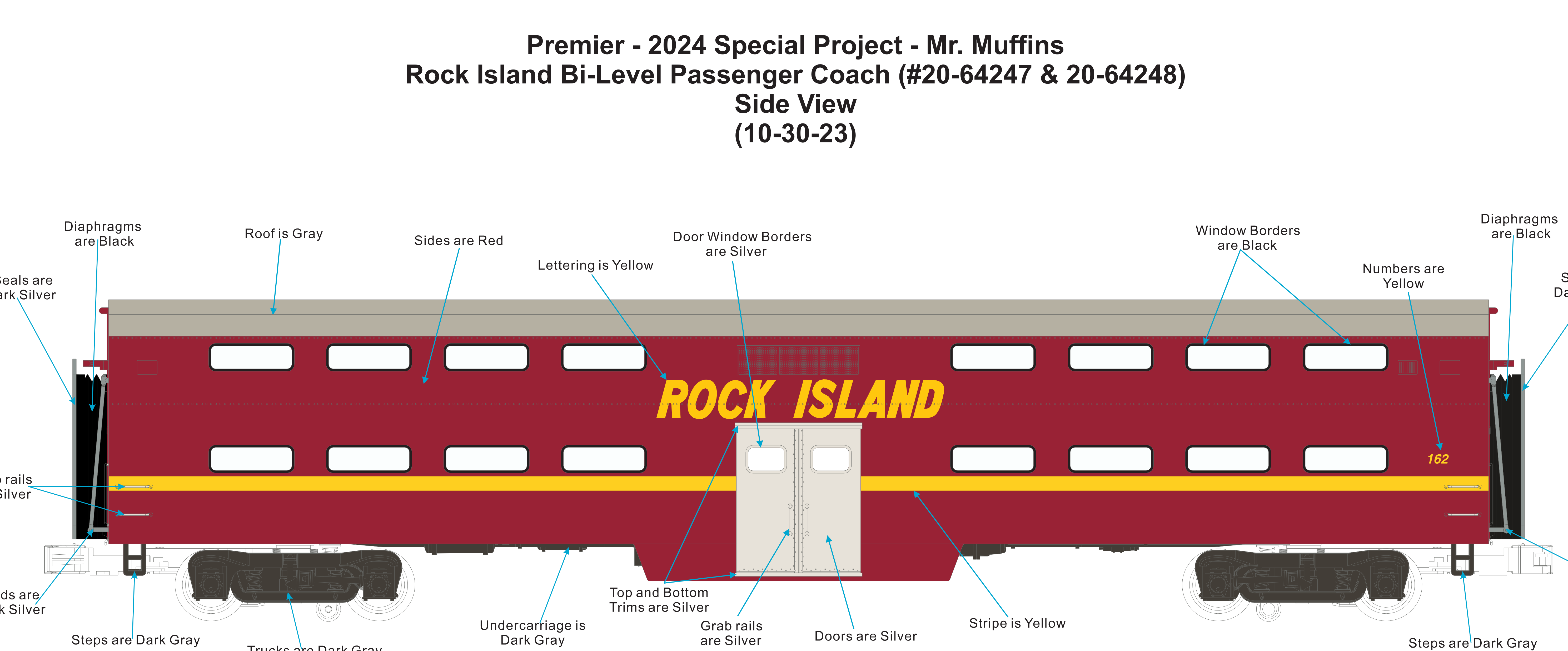 MTH 20-64247/48 - Premier - 70’ Bi-Level Gallery Car "Rock Island” (6-Car) - Custom Run for MrMuffin'sTrains