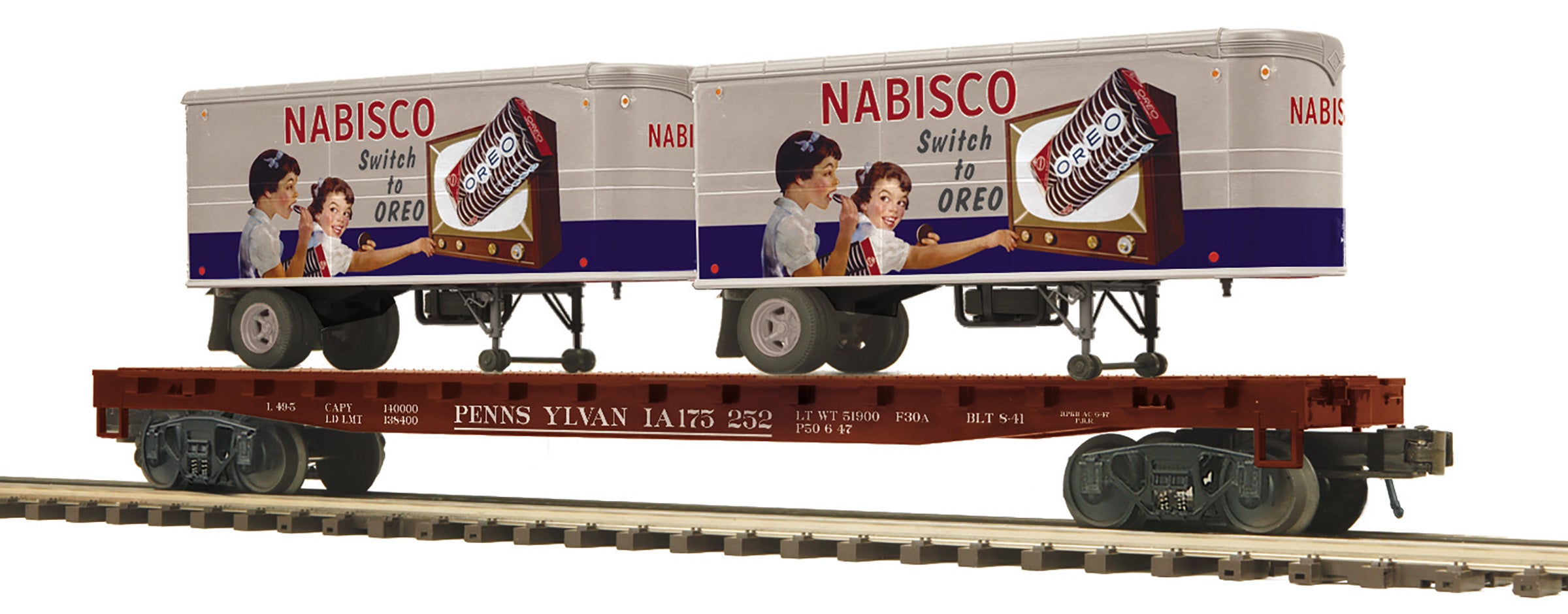 MTH 20-95737 - Flat Car "Pennsylvania" #175252 w/ (2) PUP Trailers (Oreo) - Custom Run for MrMuffin'sTrains