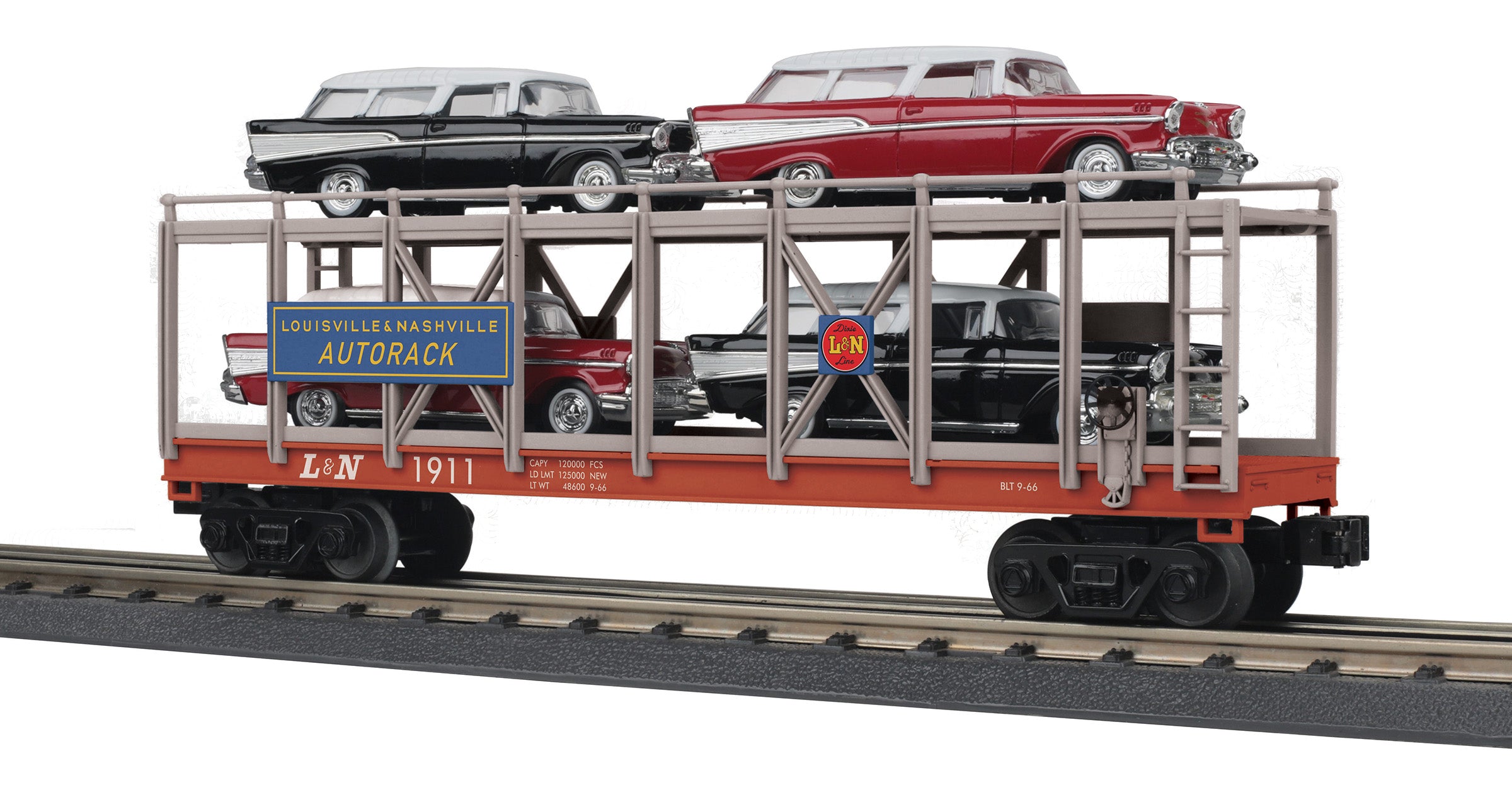 MTH 30-76883 - Auto Carrier Flat Car "Louisville & Nashville" #1911 w/ (4) ‘57 Chevy Nomads - Custom Run for MrMuffin'sTrains