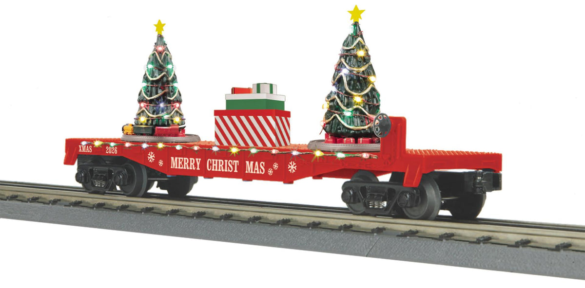 MTH 30-76992 - RailKing - Flat Car "Christmas" #2026 w/ Lighted Christmas Trees
