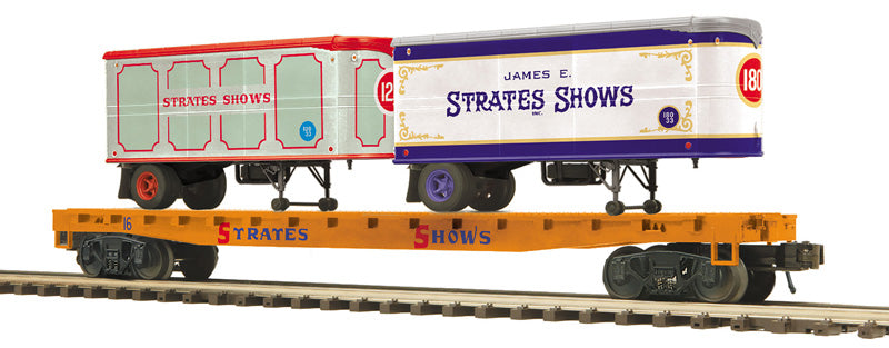 Atlas O 3002597 - Premier - Flat Car "Strates Shows" w/ 2 Trailers #16 - MrMuffin'sTrains