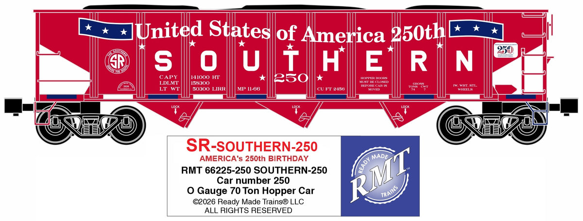 Ready Made Trains RMT-66225-250 - 70 Ton 3-Bay Coal Hopper Car "Southern" #250 w/ Load