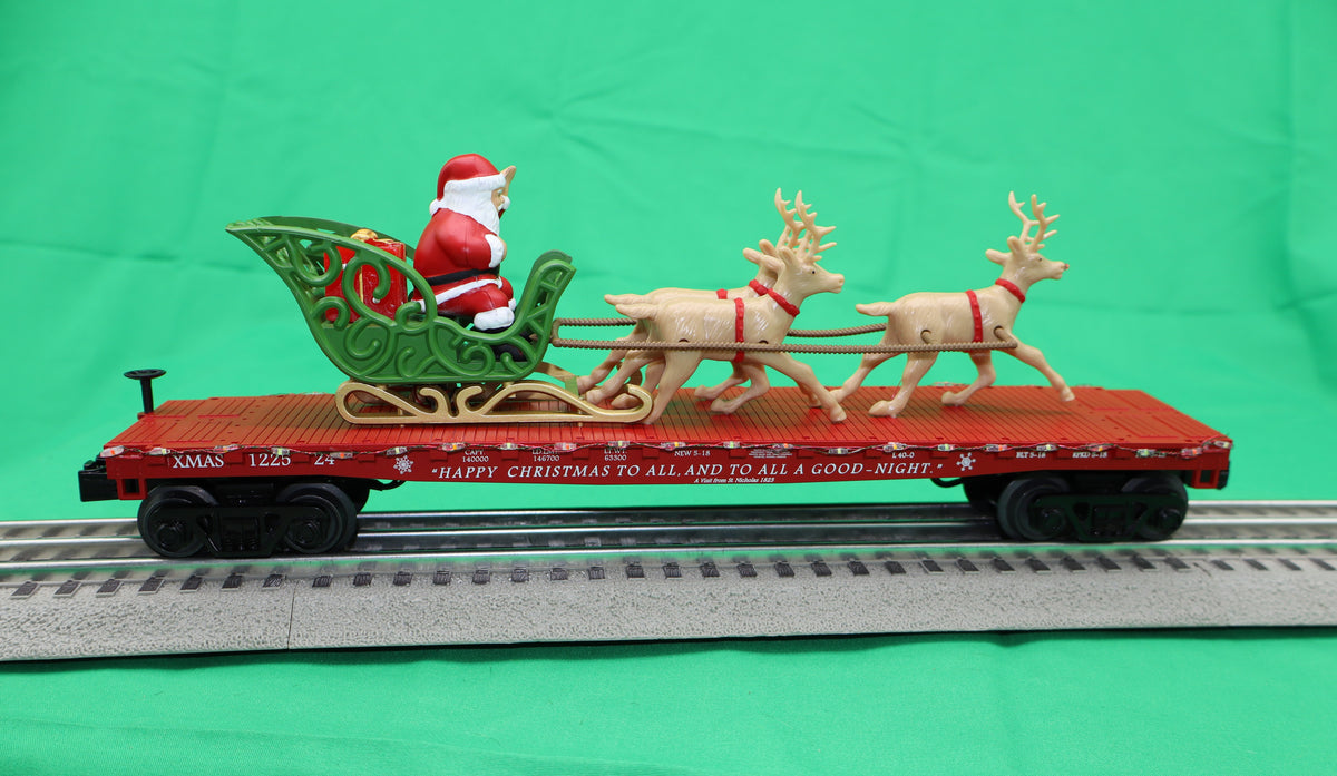 MTH 30-76917 - RailKing - Flat Car "Christmas" #122524 w/ LED Lights, Santa Sleigh & Reindeer (Red) - MrMuffin'sTrains