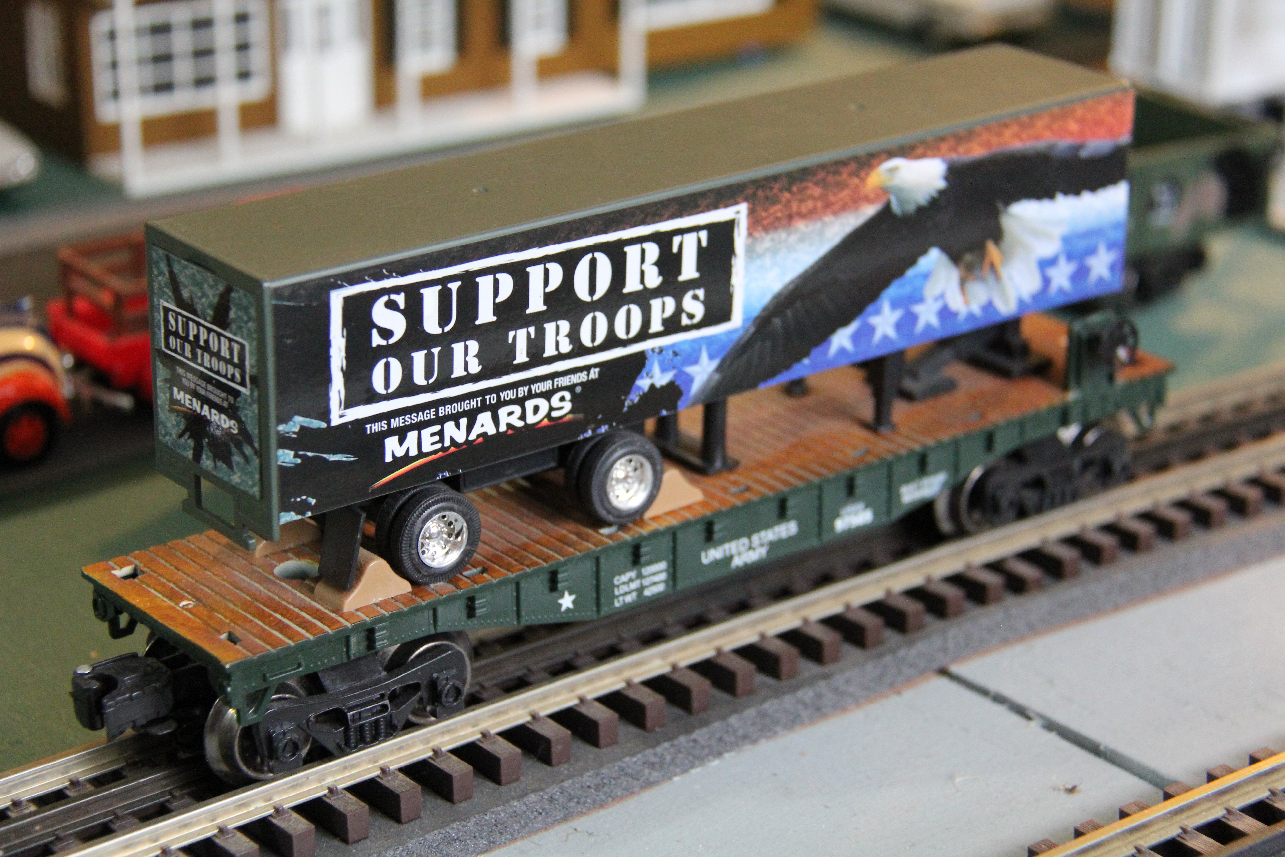 Menards #279-3093 Military Flatcar w/ Support Our Troops Trailer-Second hand-M4260