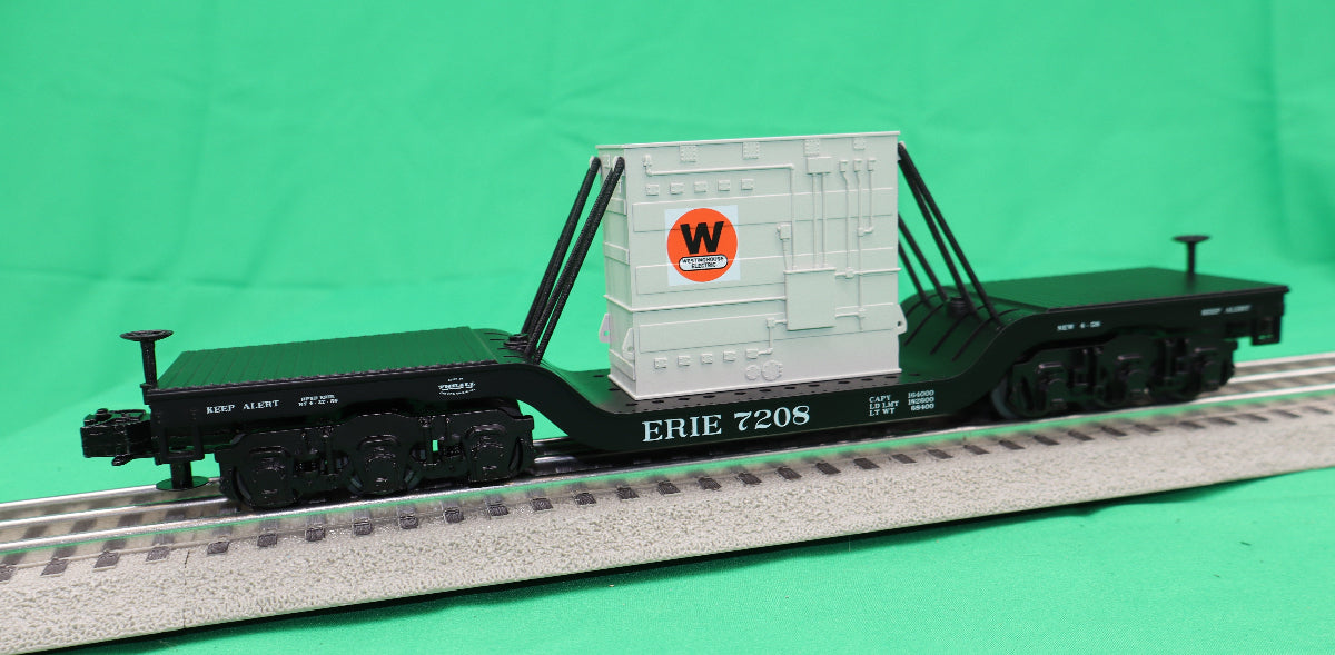 MTH 30-76947 - Dep. Center Flat Car "Erie" #7208 w/ Transformer Load (Westinghouse) - Custom Run for MrMuffin'sTrains