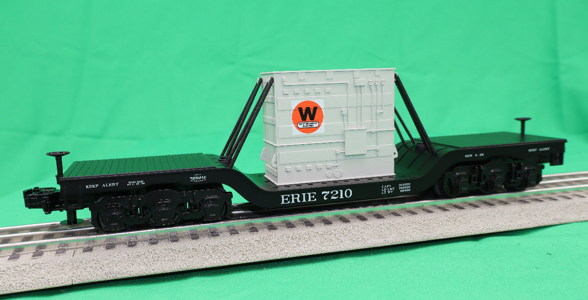 MTH 30-76948 - Dep. Center Flat Car "Erie" #7210 w/ Transformer Load (Westinghouse) - Custom Run for MrMuffin'sTrains