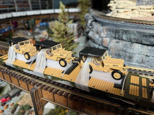 MTH 20-92357 - Flat Car "U.S. Army" w/ (3) Willy’s Transport Vehicles (4-Car) Desert - MrMuffin'sTrains