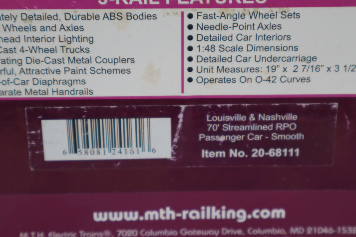 MTH 20-68111 Louisville & Nashville 70' Streamlined RPO Pass Car-Smooth-Second hand-M8471