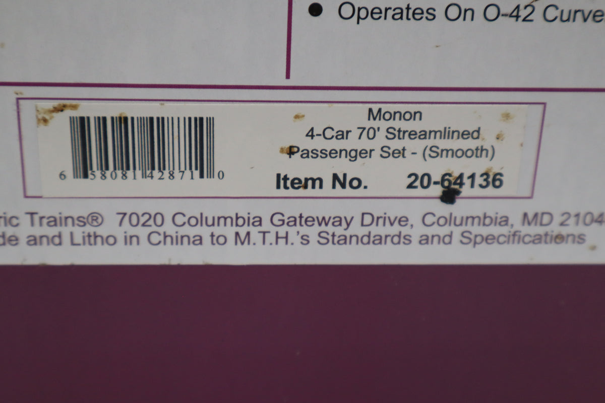 MTH 20-64136 Monon 4-Car 70' Streamlined Pass Set-Smooth-Second hand-M8475