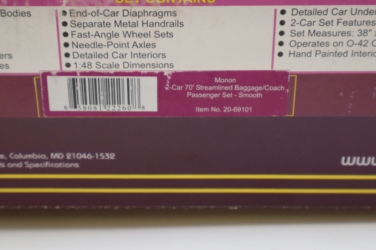 MTH 20-69101 Monon 2 Car Streamlined Baggage /Coach Passenger Set- Smooth-Second hand-M8480