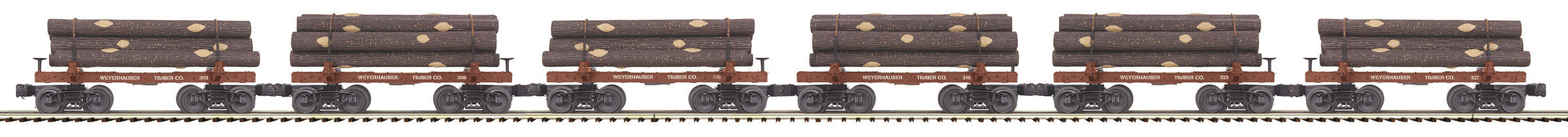 MTH 20-92327 - Skeleton Flat Car "Weyerhaeuser" w/ Log Load Set #1 (6-Car)