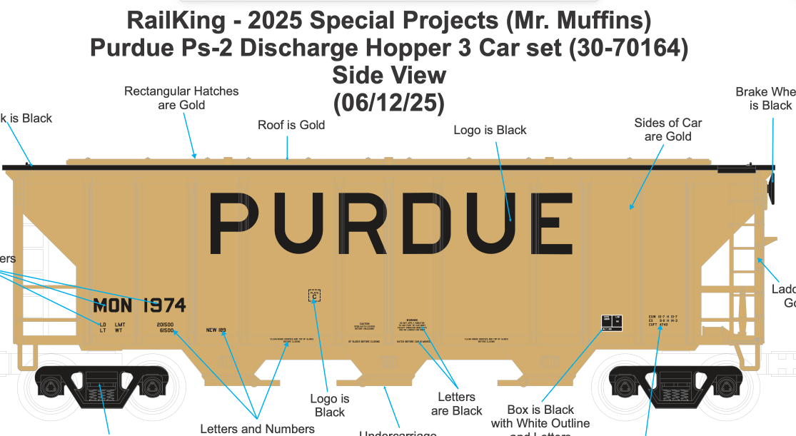MTH 30-70164 - Ps-2 Discharge Hopper Set "Purdue" (3-Car) - Custom Run for MrMuffin'sTrains