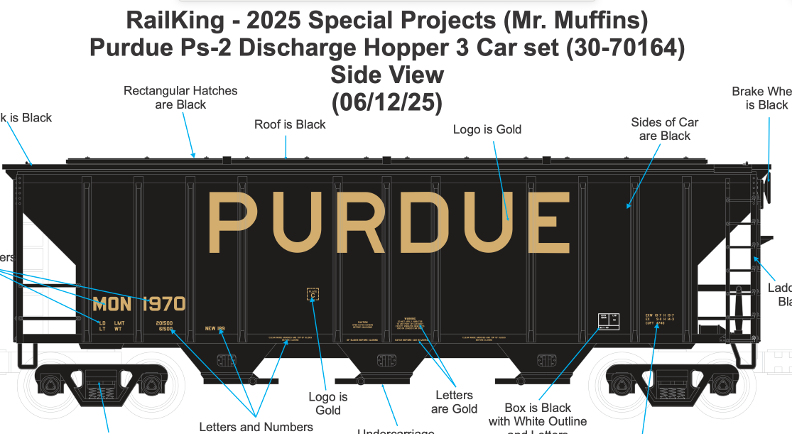 MTH 30-70164 - Ps-2 Discharge Hopper Set "Purdue" (3-Car) - Custom Run for MrMuffin'sTrains
