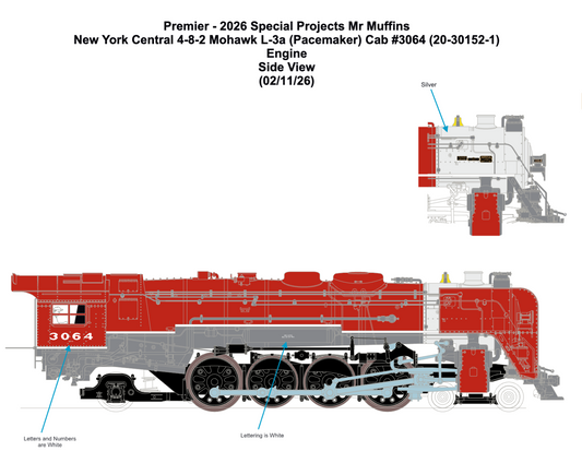 MTH 20-30152-1 - Premier - 4-8-2 L-3a Mohawk Steam Engine "New York Central" #3064 w/ PS3 (Pacemaker) - Custom Run for MrMuffin'sTrains