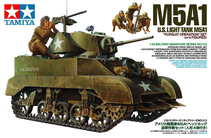 Tamiya 35313 - U.S. Light Tank M5A1 – Pursuit Operation w/ 4 Figures - 1/35 Scale Model Kit