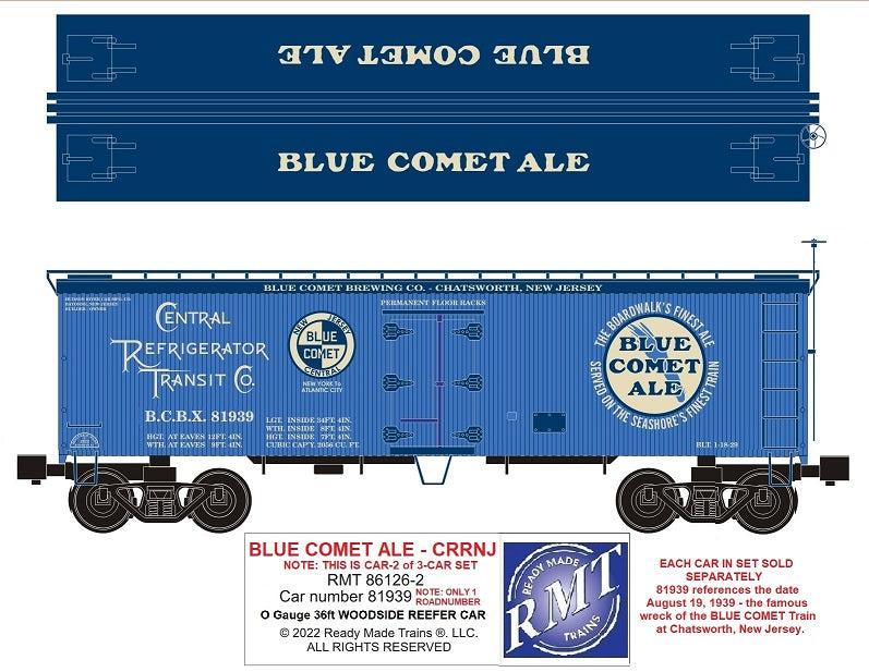 Ready Made Trains RMT-86126-2 - 36' Woodside Reefer Car "New Jersey Central" #81939 (Blue Comet Ale)
