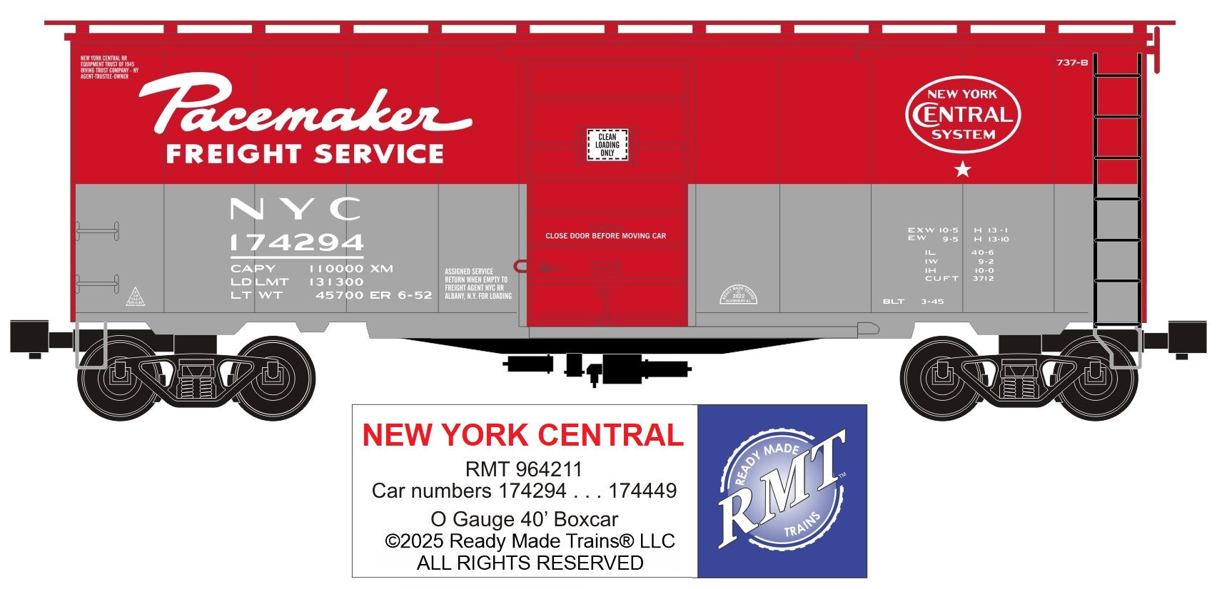 Ready Made Trains RMT-96421-1 - 40" PS-1 Boxcar "New York Central" (Pacemaker)