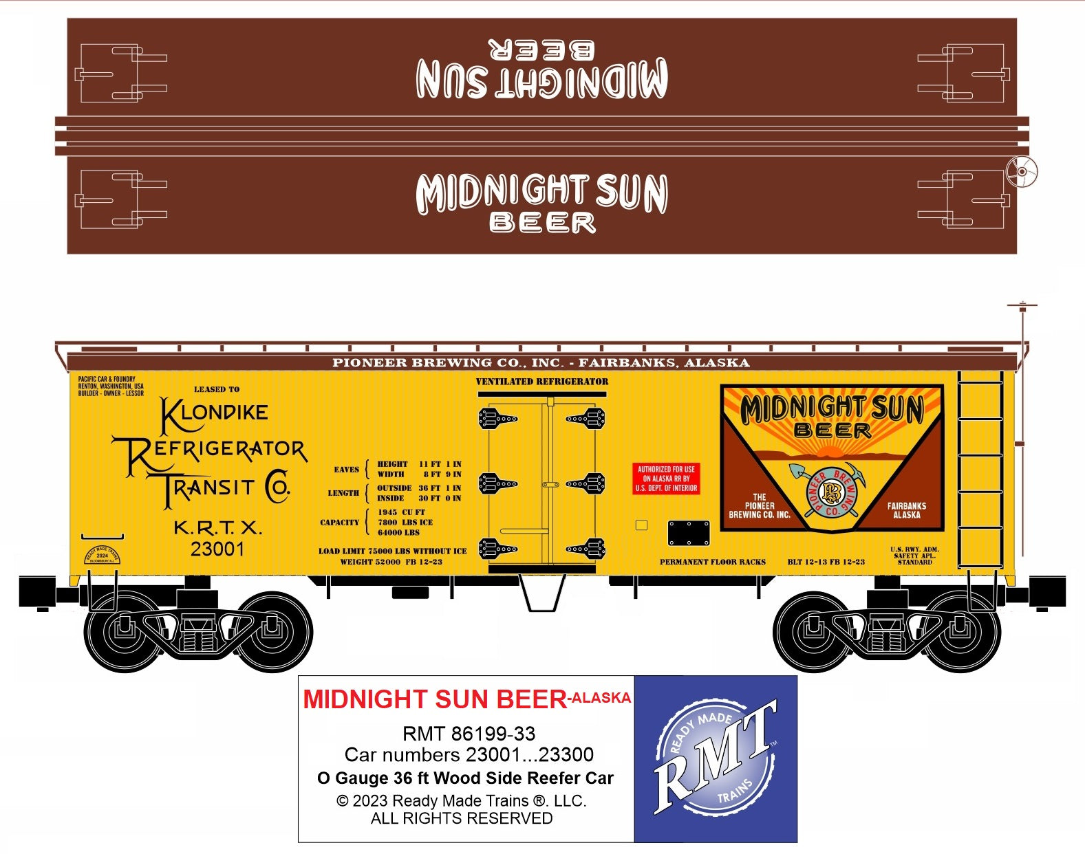 Ready Made Trains RMT-86199-33 - 36' Woodside Reefer Car "Alaska" (Midnight Sun Beer)