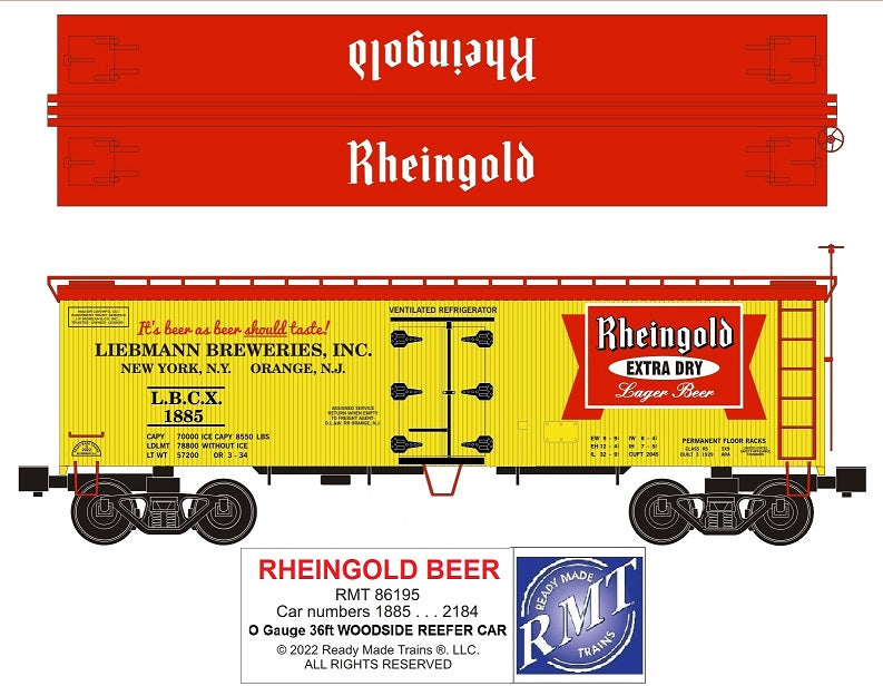 Ready Made Trains RMT-86195 - 36' Woodside Reefer Car "Liebmann Brewing Company" (Rheingold Beer)
