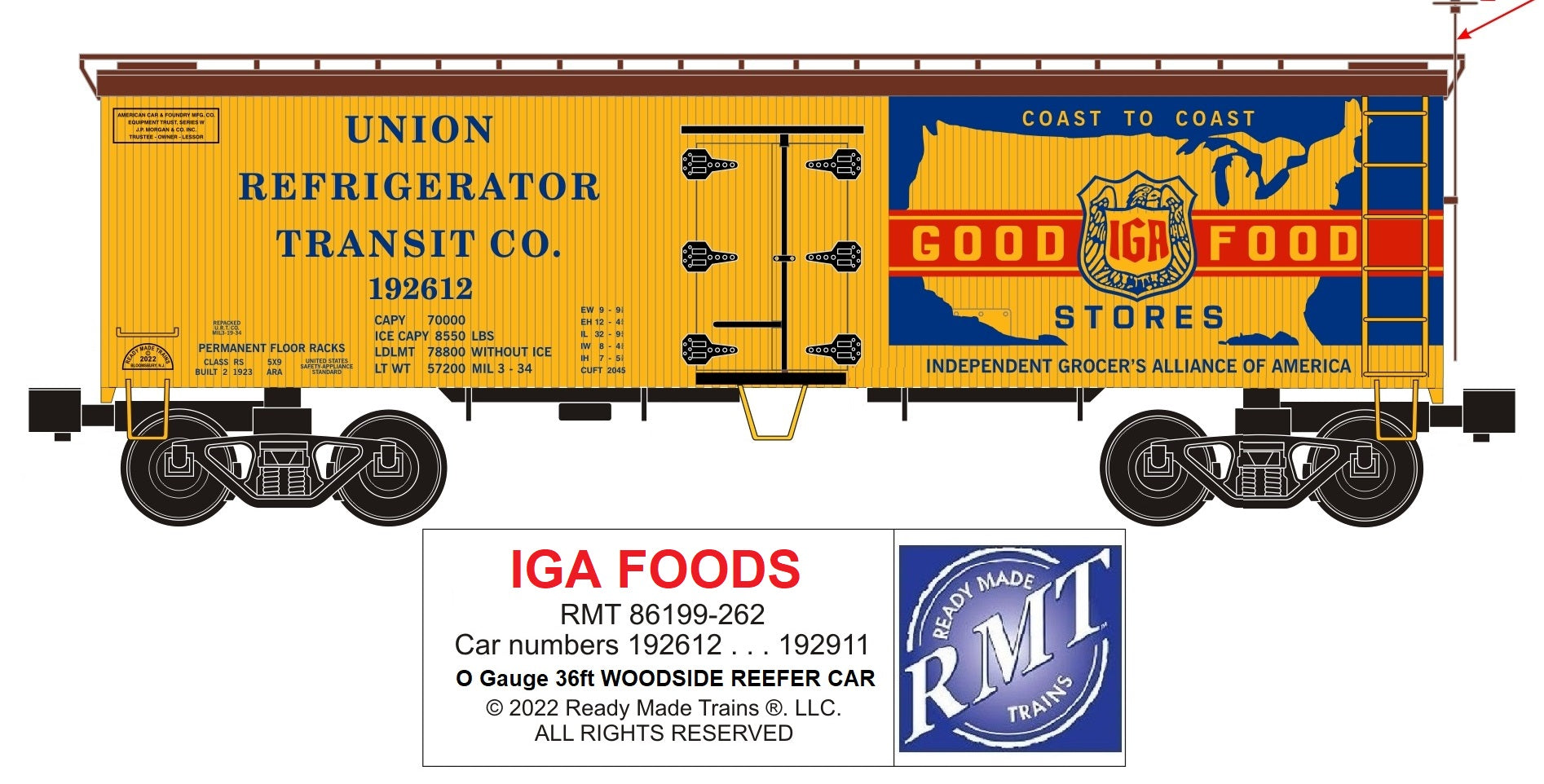 Ready Made Trains RMT-86199-262 - 36' Woodside Reefer Car "Union Refrigerator Transit Co." (IGR Foods)
