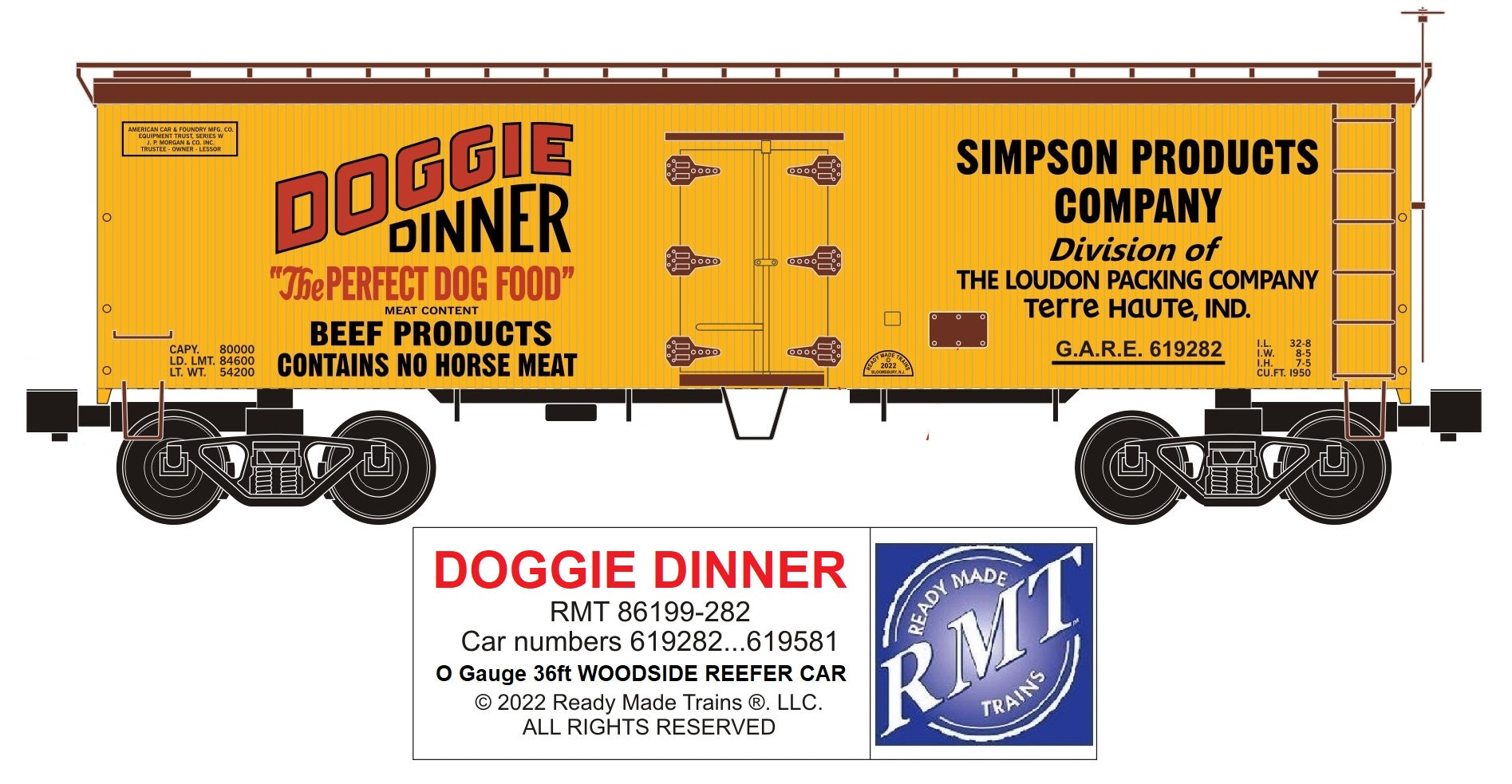 Ready Made Trains RMT-86199-282 - 36' Woodside Reefer Car "Doggie Dinner"