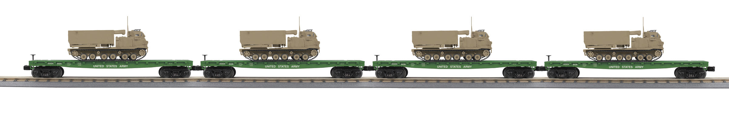 MTH 30-70120 - Flat Car "U.S. Army" w/ M270 Rocket Launcher Vehicle Set (4-Car) Desert