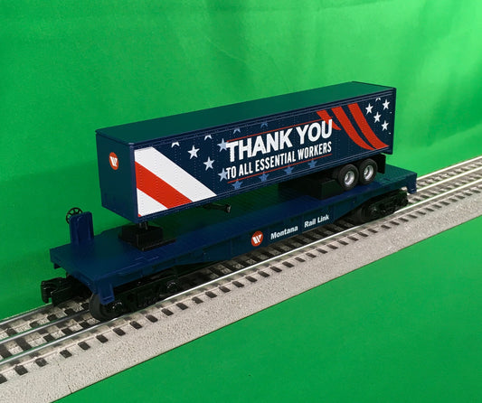 MTH 30-76848 - RailKing - Flat Car "Montana Rail Link" w/ Trailer (Essential Workers) - MrMuffin'sTrains