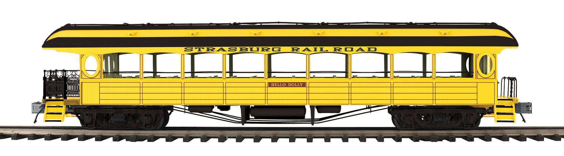 MTH 22-62190 - 64’ Open Air Woodsided Observation Car "Strasburg" #68 Hello Dolly (2-Rail)