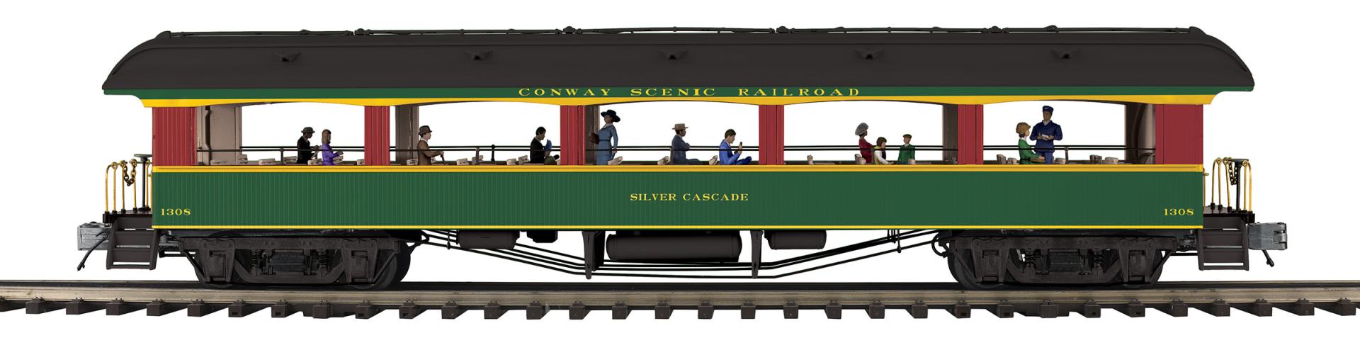 MTH 20-62191 - 64’ Open Air Woodsided Coach Car "Conway Scenic Railroad" #1308 Silver Cascade