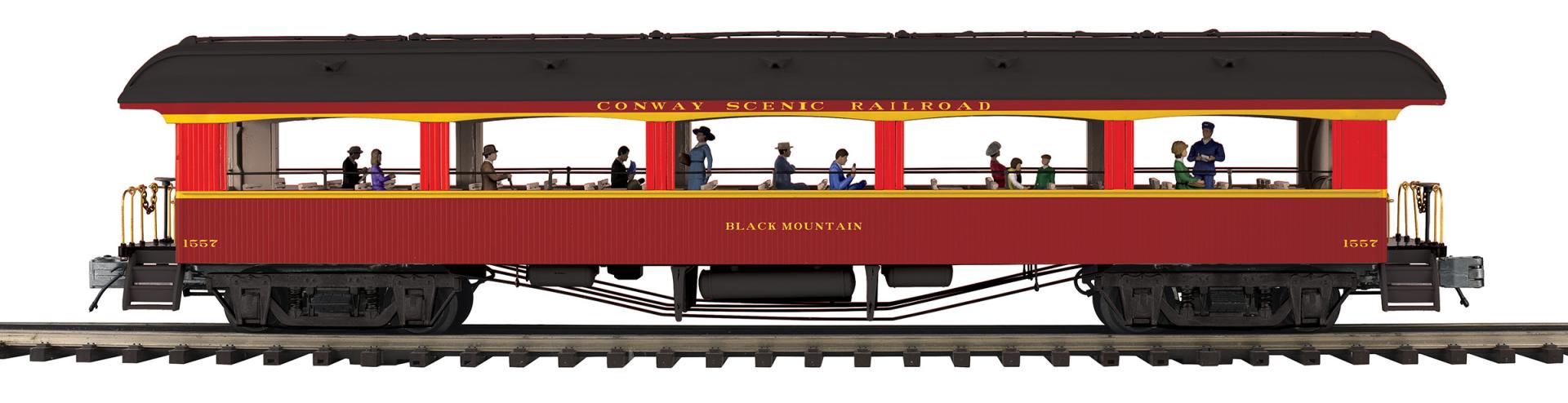 MTH 20-62192 - 64’ Open Air Woodsided Coach Car "Conway Scenic Railroad" #1557 Black Mountain