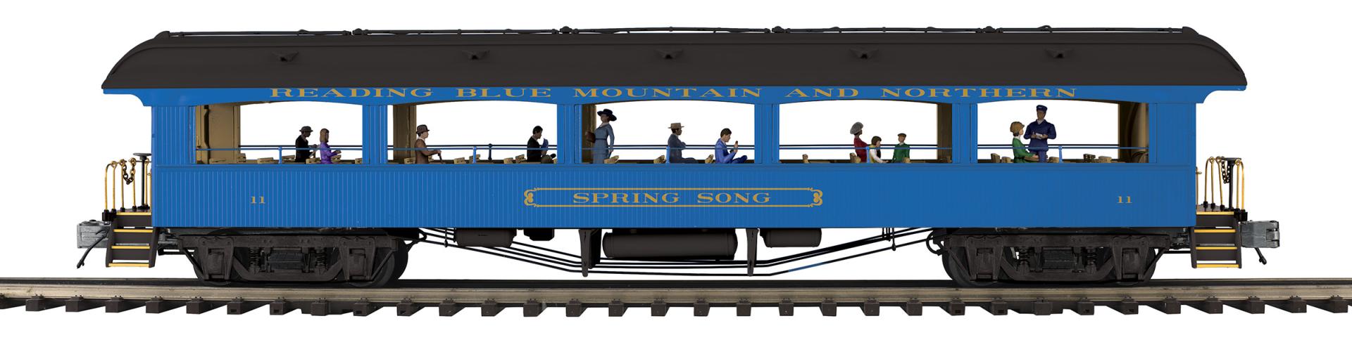 MTH 20-62195 - 64’ Open Air Woodsided Coach Car "Reading Blue Mountain & Northern" #11 Spring Song