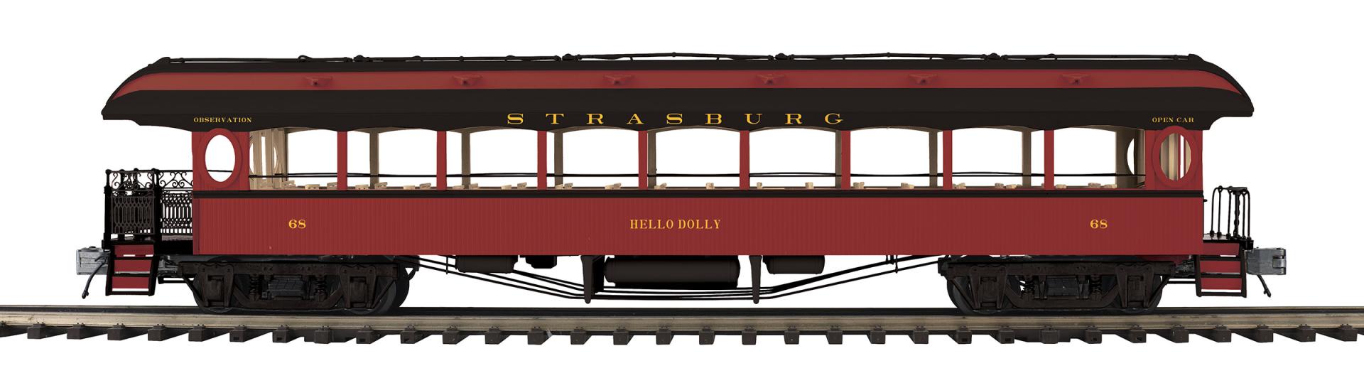 MTH 22-62198 - 64’ Open Air Woodsided Observation Car "Strasburg" #68 Hello Dolly (2-Rail)