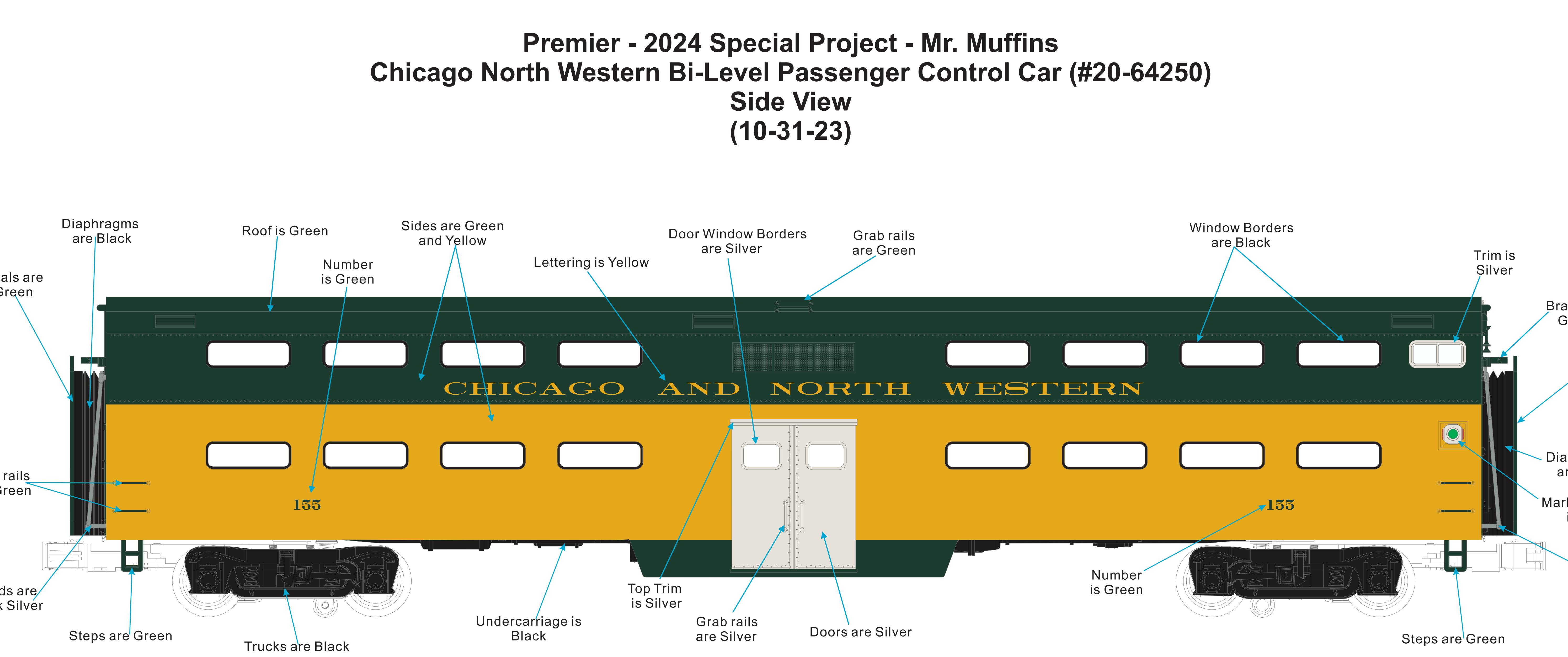 MTH 20-64249/50 - Premier - 70’ Bi-Level Gallery Car "Chicago North Western” (6-Car) - Custom Run for MrMuffin'sTrains