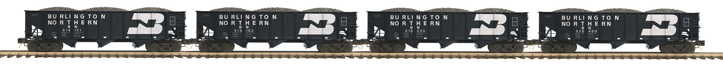 MTH 20-92361 - 70-ton 3-Bay Hopper Set "Burlington Northern" (4-Car) Set 1