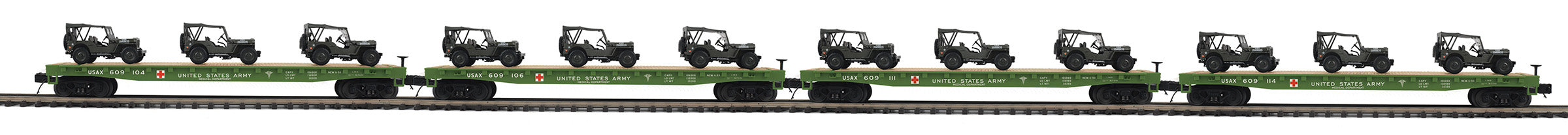 MTH 20-92367 - Flat Car "U.S. Army" w/ (3) Willy’s Transport Vehicles (4-Car) - Set #1 (MASH)