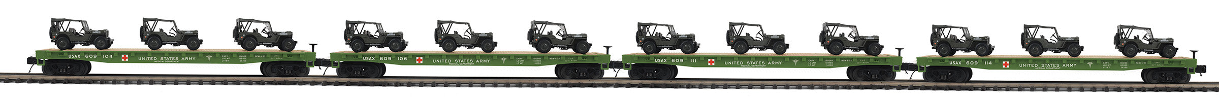 MTH 20-92367 - Flat Car "U.S. Army" w/ (3) Willy's Transport Vehicles – MrMuffin'sTrains