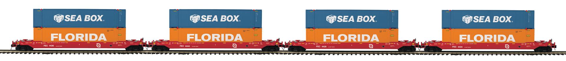 MTH 20-92439 - Premier - Husky Stack Car "Florida East Coast" (4-Car) w/ Florida Containers - Custom Run for MrMuffin'sTrains