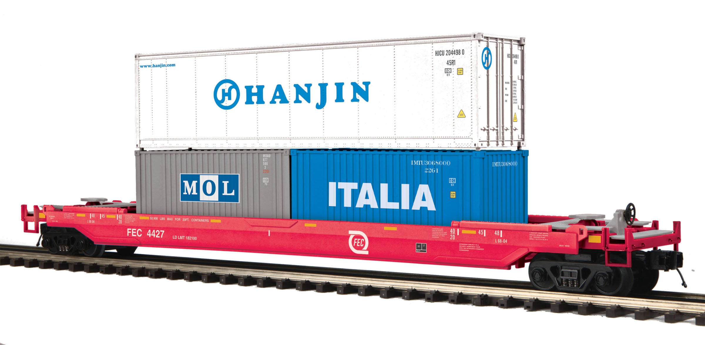 MTH 20-9243FEC - Husky Stack Car "Florida East Coast" (4-Car) - with Florida Containers - Custom Run for MrMuffin'sTrains