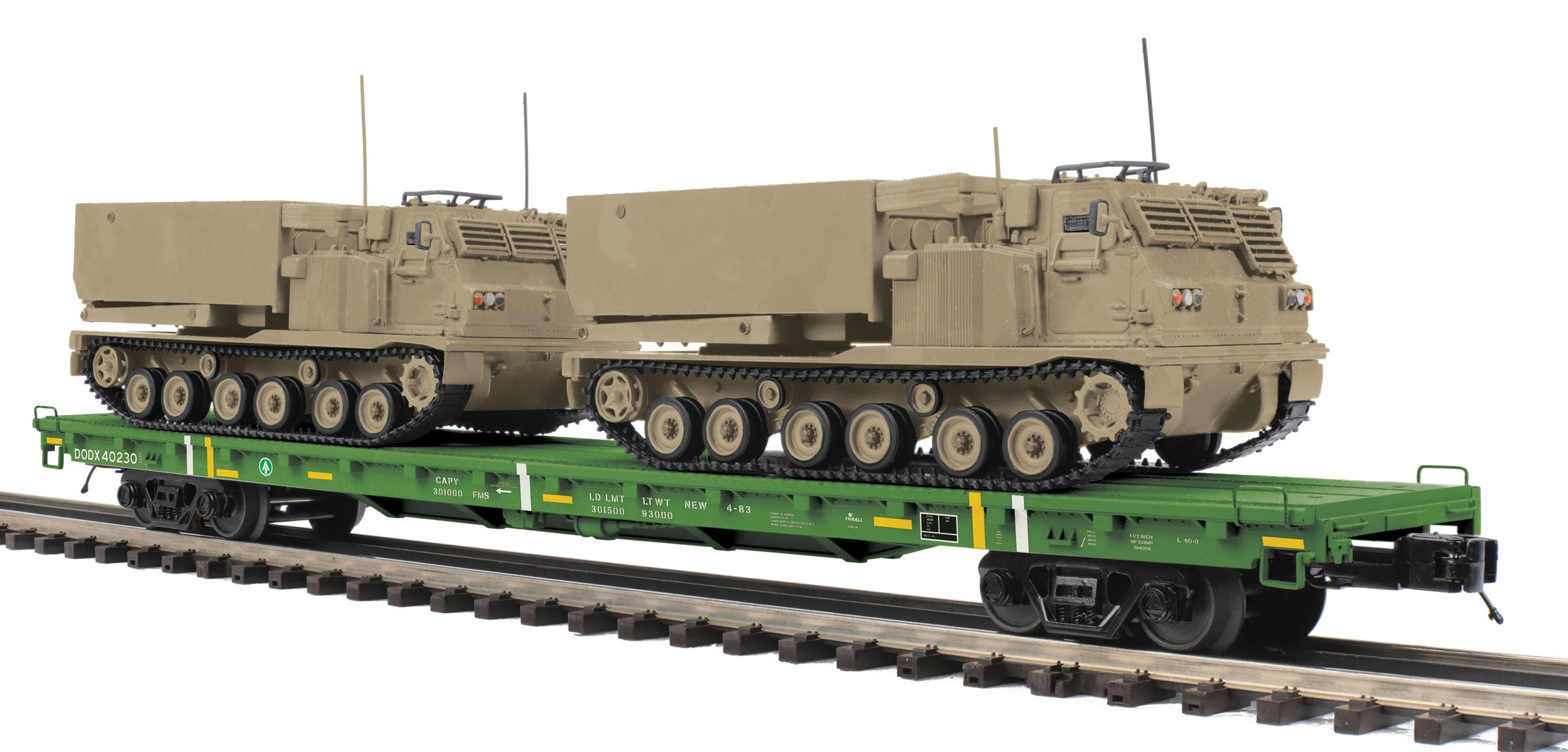 MTH 20-92283 - 60’ Flat Car "U.S. Army" w/ (2) M270 Rocket Launcher Vehicles - Single Cars