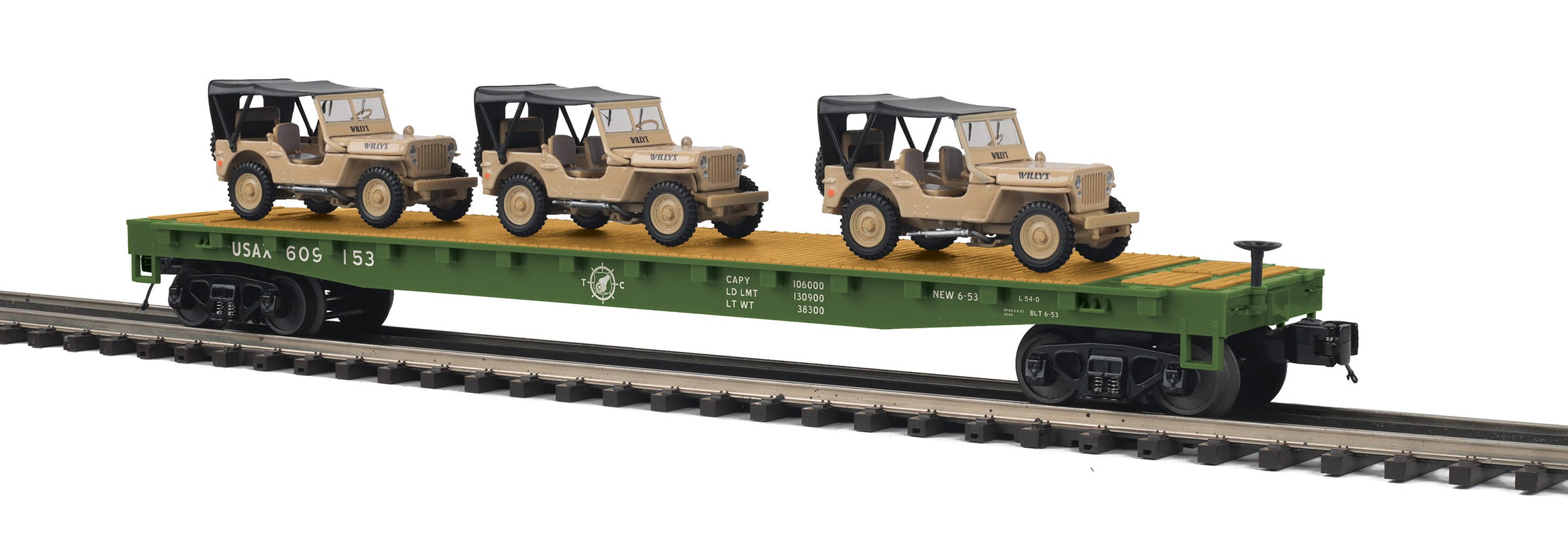 MTH 20-95673 - Flat Car "U.S. Army" w/ (3) Willy’s Transport Vehicles (Desert)