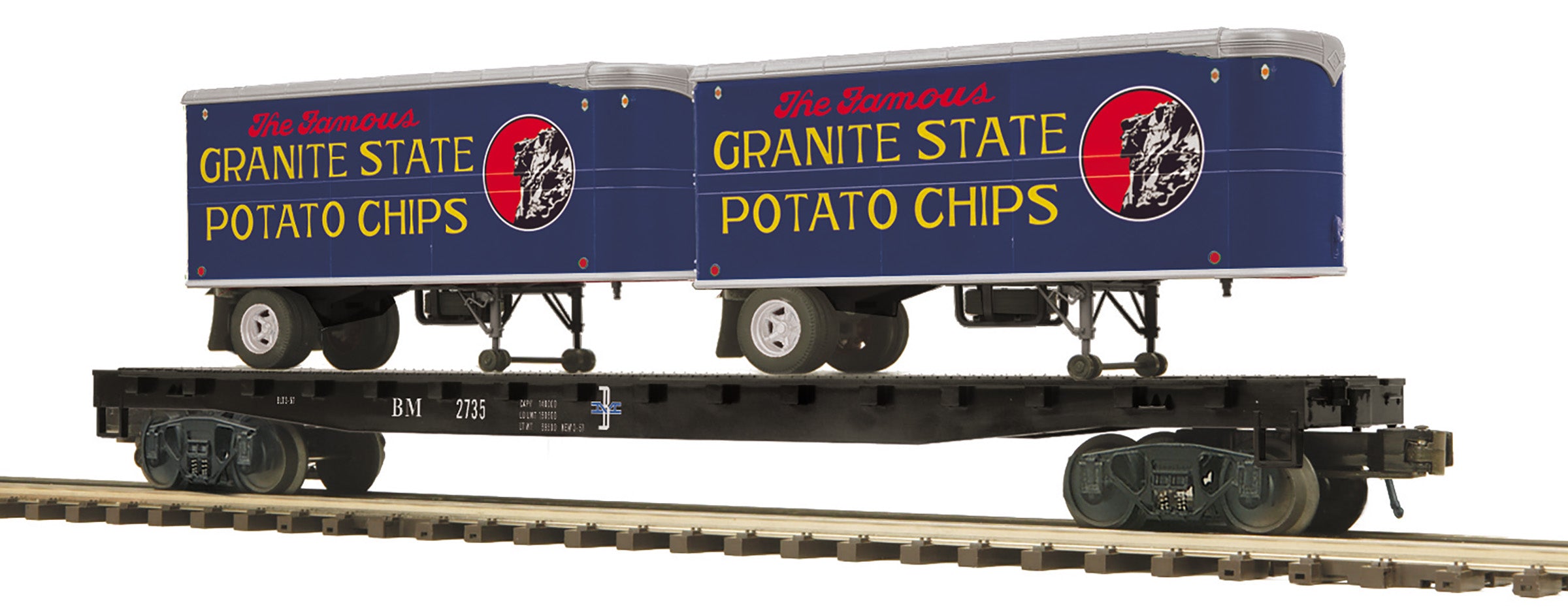 MTH 20-95713 - Flat Car "Boston & Maine" w/ (2) PUP Trailers (Granite State Chips)