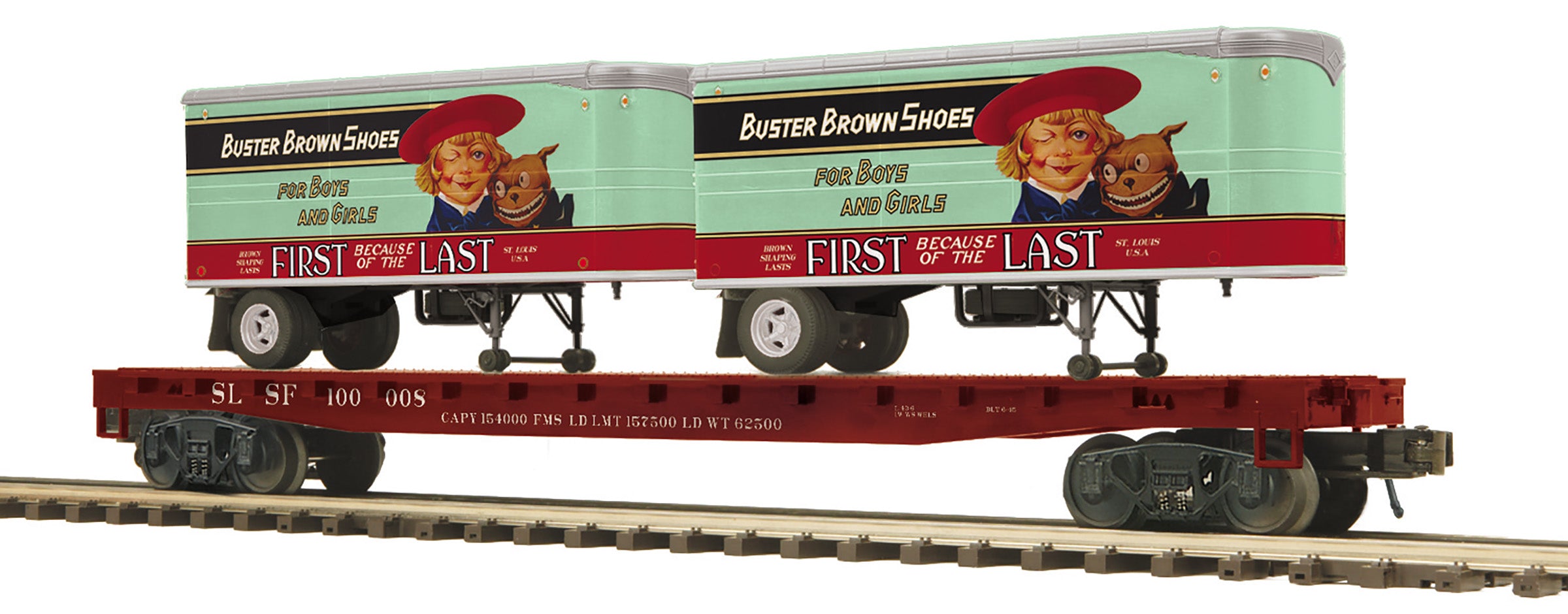 MTH 20-95716 - Flat Car "Frisco" w/ (2) PUP Trailers (Buster Brown)