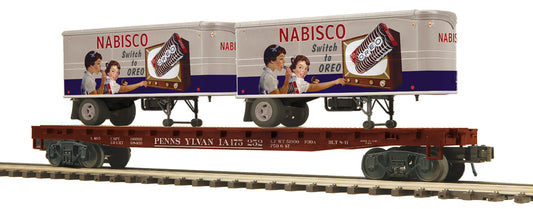MTH 20-95737 - Premier - Flat Car "Pennsylvania" #175252 w/ (2) PUP Trailers (Oreo) - Custom Run for MrMuffin'sTrains