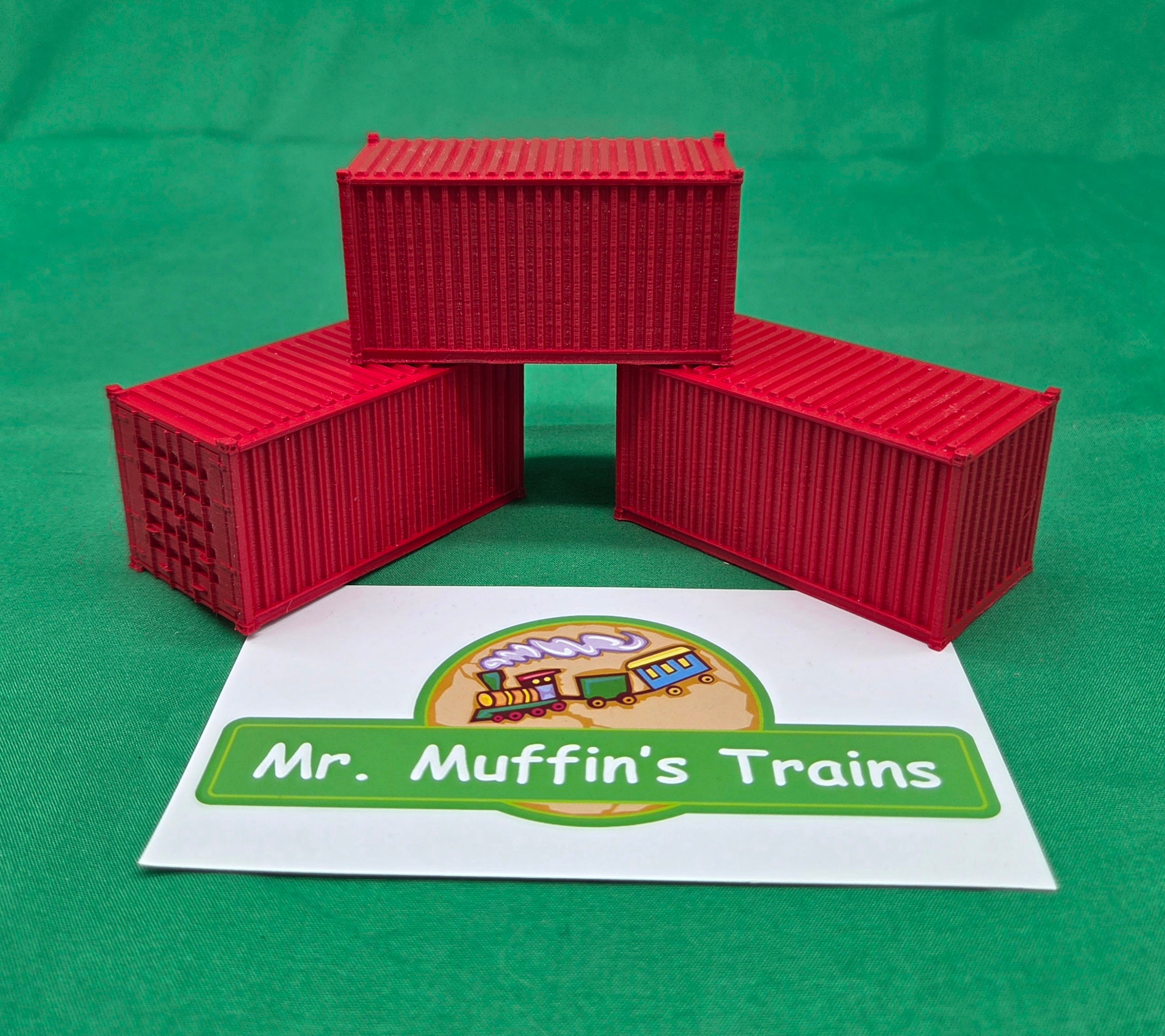 Trackside 3D #L5R - 3D Printed Flat Load - 20' Intermodal Container - Red (3-Pack)