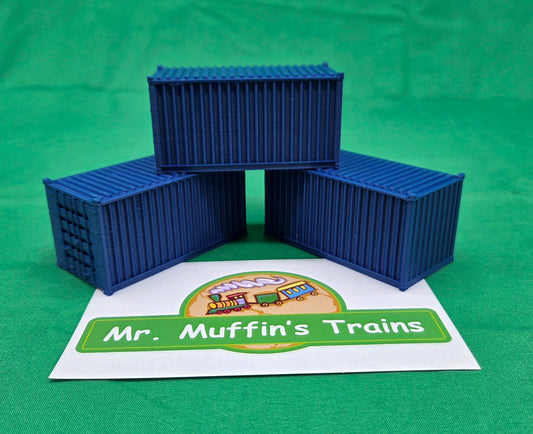 Trackside 3D #L5B - 3D Printed Flat Load - 20' Intermodal Container - Blue (3-Pack)