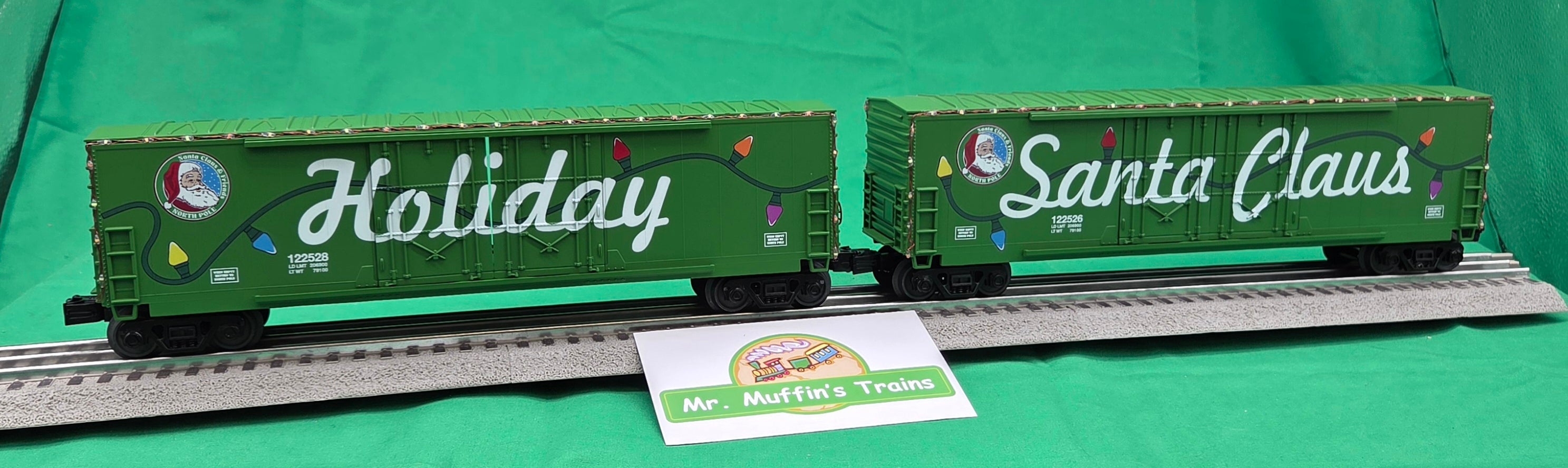 MTH 30-70170 - RailKing - 50’ Double Door Plugged Boxcar Set "Christmas" w/ LED Lights Set (4-Car)