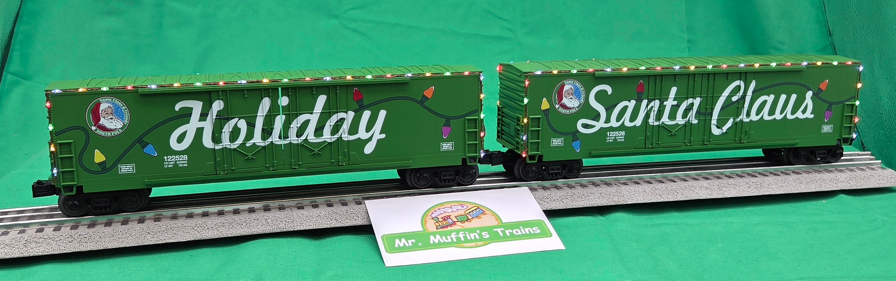 MTH 30-70170 - RailKing - 50’ Double Door Plugged Boxcar Set "Christmas" w/ LED Lights Set (4-Car)