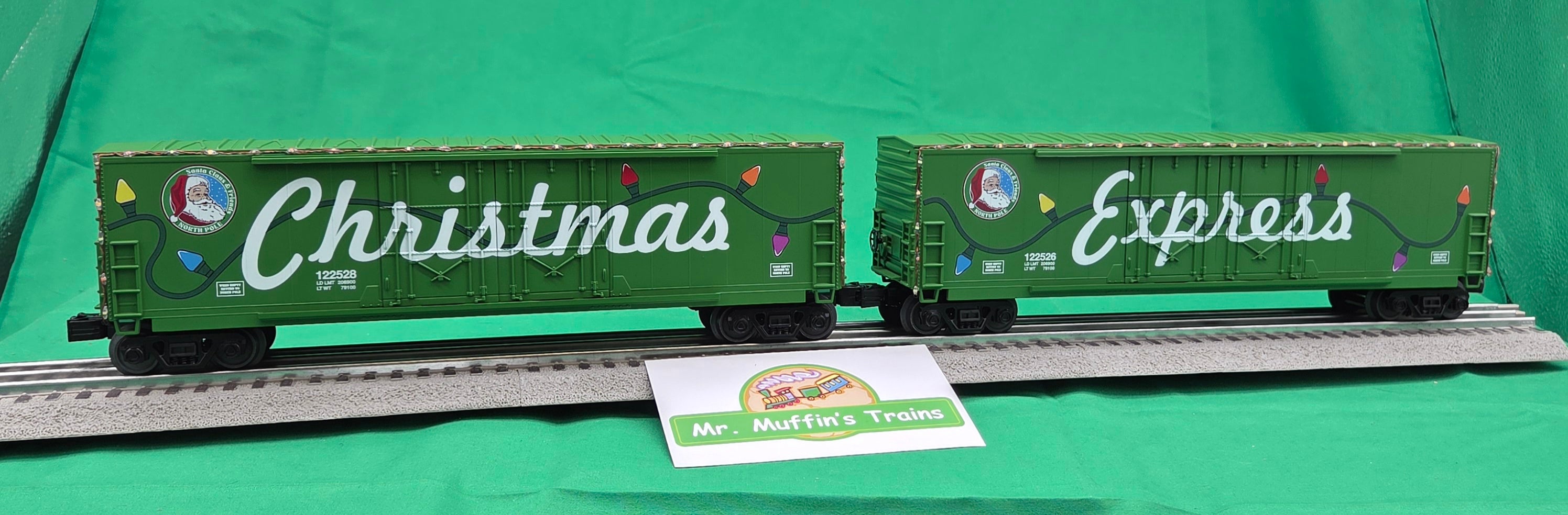 MTH 30-70170 - RailKing - 50’ Double Door Plugged Boxcar Set "Christmas" w/ LED Lights Set (4-Car)