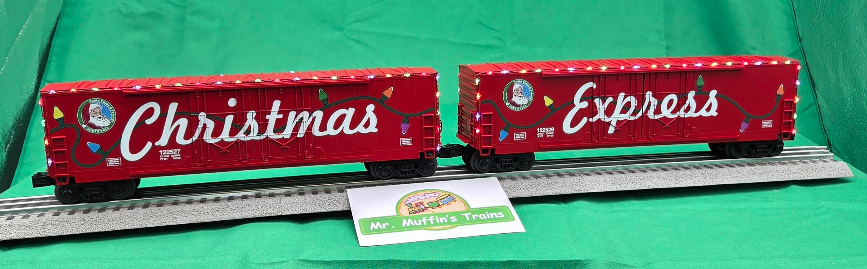 MTH 30-70170 - RailKing - 50’ Double Door Plugged Boxcar Set "Christmas" w/ LED Lights Set (4-Car)