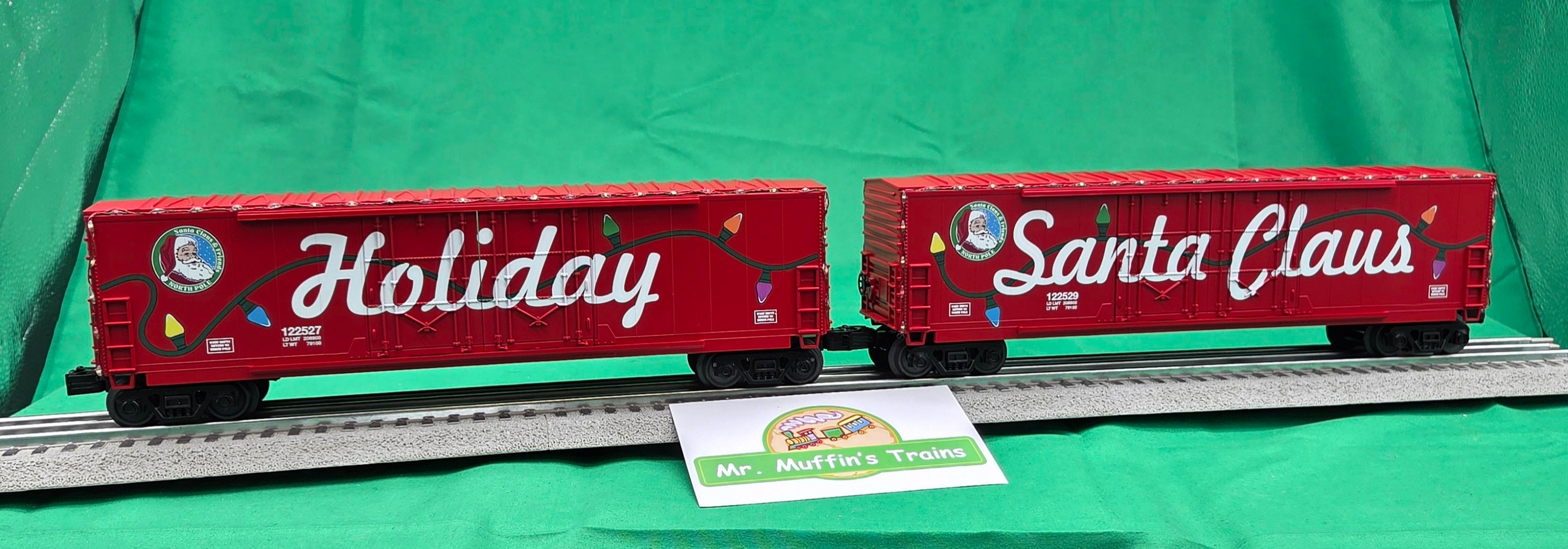 MTH 30-70170 - RailKing - 50’ Double Door Plugged Boxcar Set "Christmas" w/ LED Lights Set (4-Car)